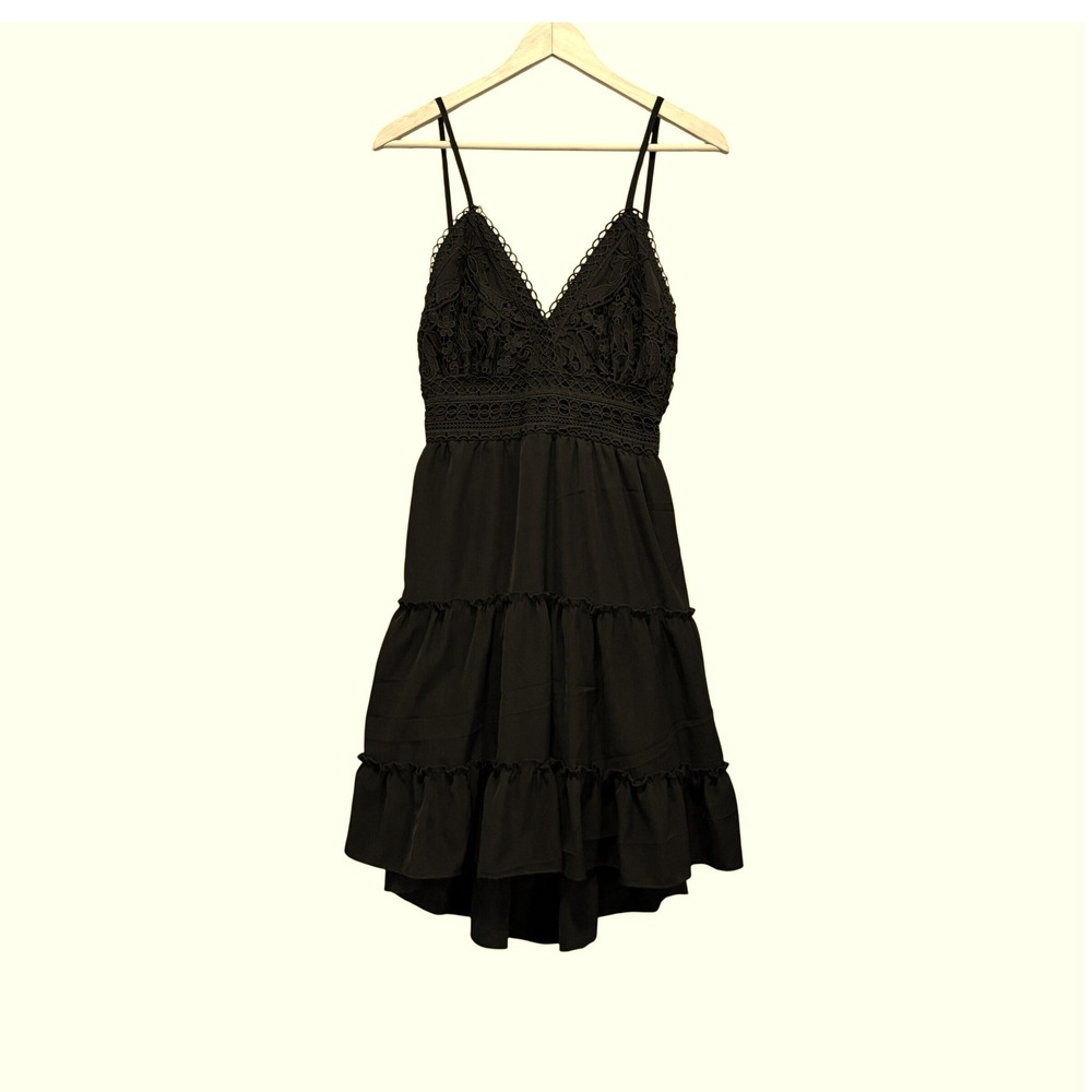 ECOWISH Crochet Lace Tiered Dress XL Black Boho Sun Dress Whimsigoth Fairycore
